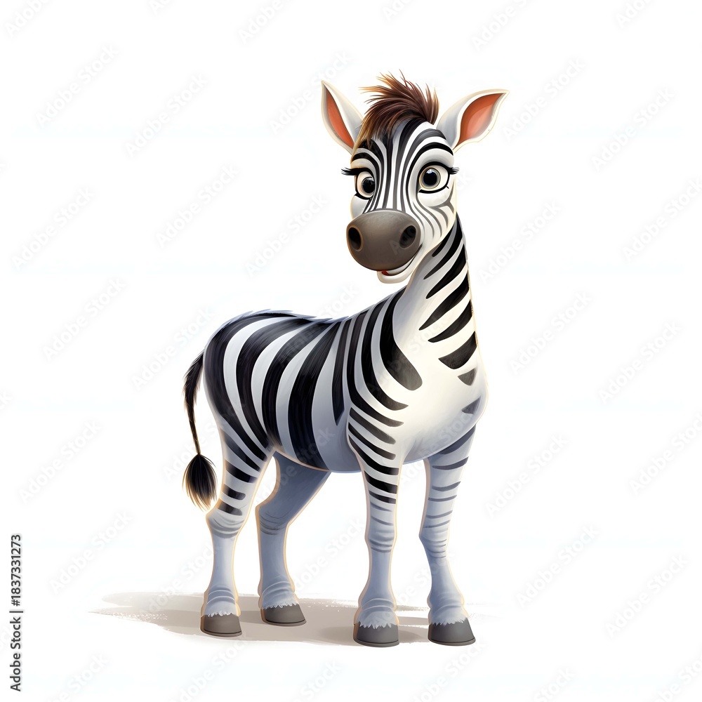 Naklejka premium Cute zebra standing with a friendly expression in a bright cartoon illustration style