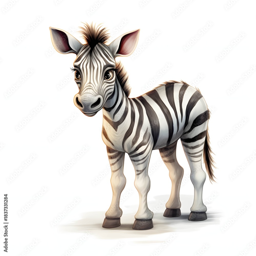 Obraz premium Charming zebra calf gazes playfully on a white backdrop