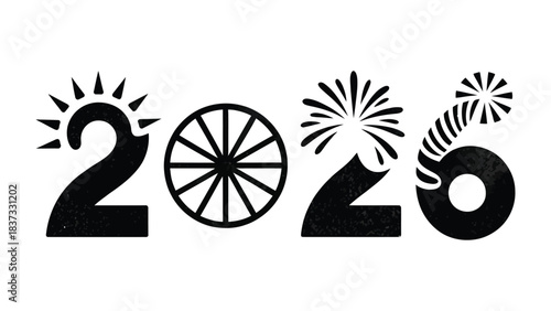 Symbolic 2026: An eye-catching graphic featuring the year 2026, composed of symbolic elements of sun, circle, fireworks, and the number six, perfect for representing the future and upcoming events.