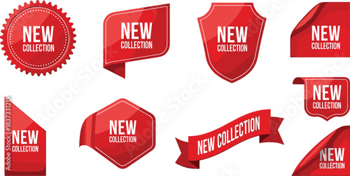 New Collection Red Sale Labels and Banner Vector Set, Promotional Price Tags and Discount Stickers for Marketing Design