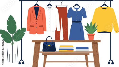 Vector Illustration of Clothing and Accessories on a Retail Display, Featuring a Hanger Rack and Wooden Table with Handbag, Ideal for Fashion Stores, E-commerce, and Personal Styling Concepts