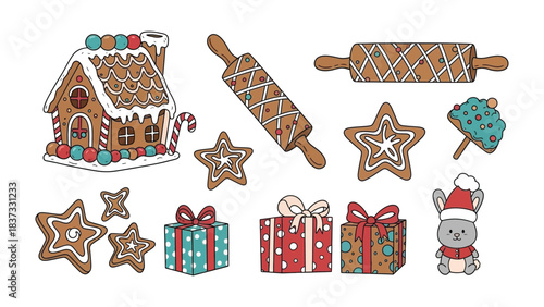 Holiday Delights: A festive array of gingerbread house, star-shaped cookies, rolling pin, and gift boxes. capturing the joy and warmth of the holiday season.