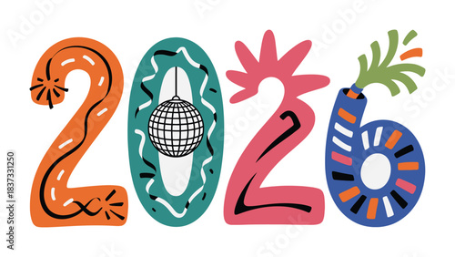 Year 2026 Celebration Design: A vibrant and celebratory design spells out the year 2026, complete with celebratory ornaments that evoke a sense of festive anticipation for the future.