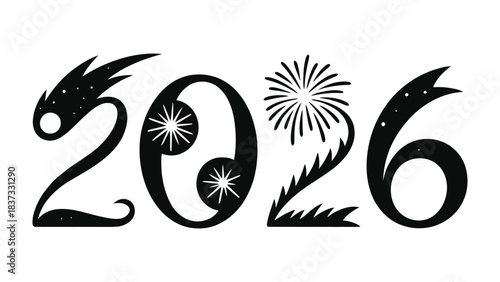 New Year 2026 Celebration: A stylish and celebratory depiction of the year 2026, creatively adorned with firework-inspired designs and stars, heralding new beginnings and festive joy.