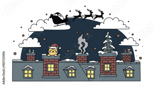 Santa's Midnight Journey: A charming festive scene of a rooftops decorated in snow, Santa's sleigh pulled by reindeer flies overhead under the starry sky.  The festive season.