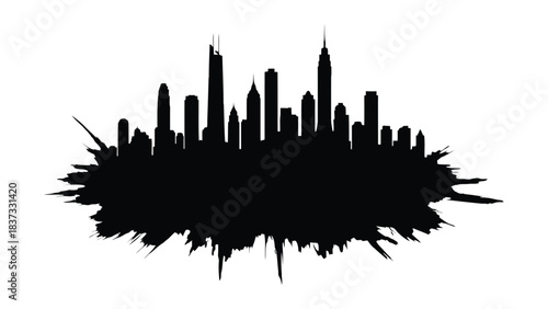 Resilient architecture silhouette Black Silhouette of City Skyline with Jagged, Splattered Base on White Background buildings skyscrapers