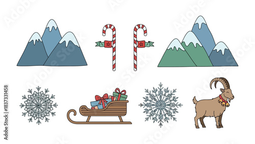 Festive Elements: A whimsical illustration with a mountain, candy cane, snowflake, goat and sleigh in a cheerful festive arrangement, ideal for holiday-themed designs.