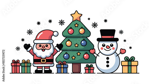 Festive Christmas Scene: A charming illustration capturing the holiday spirit with Santa, snowman, and decorated tree, surrounded by wrapped gifts. 