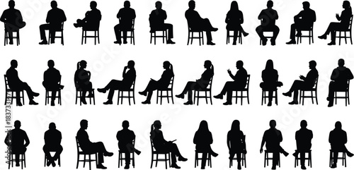 Silhouettes of diverse seated people in various relaxed and professional poses on chairs, ideal for illustrating group discussions, audiences, and crowd behavior.