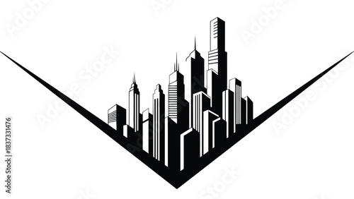Resilient architecture silhouette Black Silhouette of Modern City Skyline within a Sharp V Shape on White Background buildings skyscrapers
