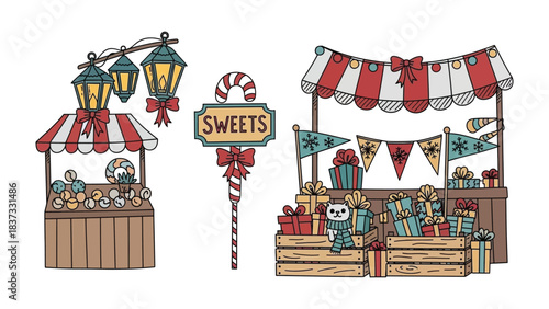 Holiday Bazaar Scene: Illustration of a holiday bazaar, capturing the festive atmosphere with decorated stalls, candy cane signs, and gift boxes. 