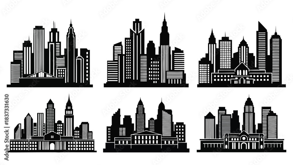 Obraz premium Six resilient architecture silhouette Black Silhouette City Skylines With White Architectural Details On White Background cityscape urban