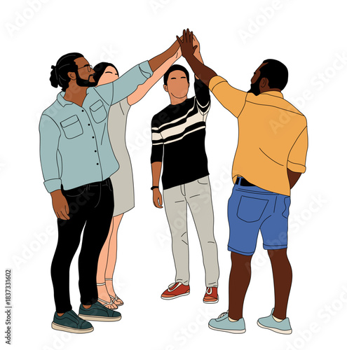 Minimalist vector illustration of four diverse people—Black, Asian, Hispanic—standing together in a high-five gesture with clean lines, solid colors, and modern flat design