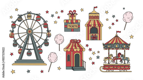 Carnival of Delights: Whimsical illustrations capture the essence of a vibrant carnival, with a towering Ferris wheel, a charming carousel, whimsical ticket booth, enchanting tent and cotton candy.