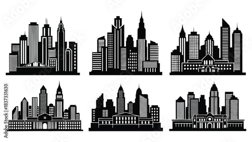 Six resilient architecture silhouette Black Silhouette City Skylines With White Architectural Details On White Background cityscape urban