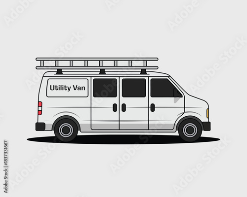 Utility service van side view graphic illustration featuring a professional vehicle with ladder equipment used for repair, maintenance, construction, transport, and fleet branding design