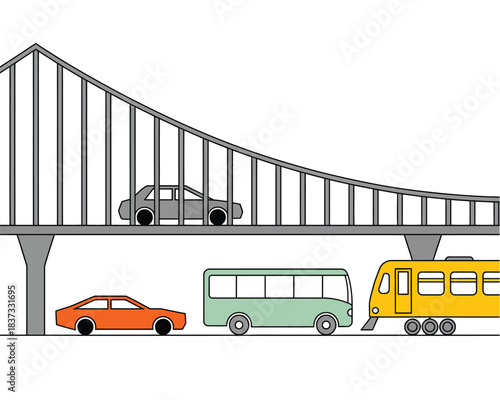 Bridge traffic transport vehicle scene featuring cars, buses, and trains illustrating urban mobility infrastructure design for city transportation and public transit education graphics