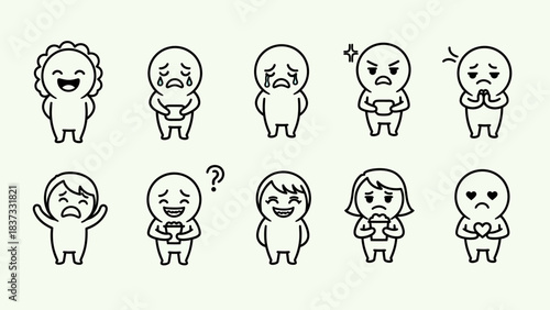 A collection of ten simple line art cartoon characters expressing various human emotions and feelings, such as happiness, sadness, anger, and confusion.