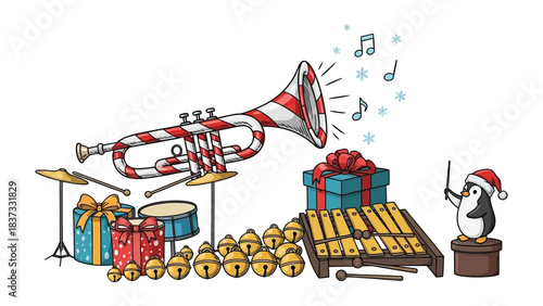 Musical Holiday: A festive holiday illustration presents an ensemble of musical instruments in a winter-themed arrangement, complete with a merry penguin conductor.