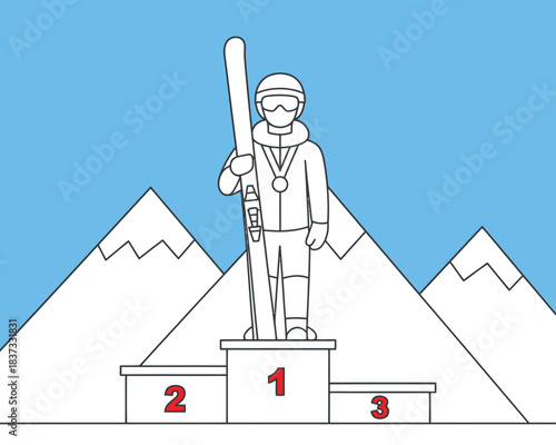 Ski champion podium winter sport scene illustration featuring medal winner mountains victory platform athlete celebration concept for competition posters, coloring pages, and education materials
