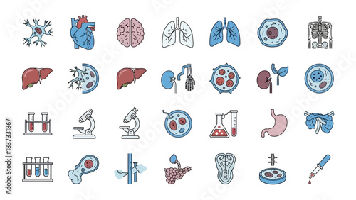 A collection of colorful icons representing various biological and medical concepts, including organs, cells, and laboratory equipment.