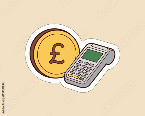 Pound payment coin terminal illustration showing currency symbol and card reader for finance banking transaction money exchange and business commerce concept design