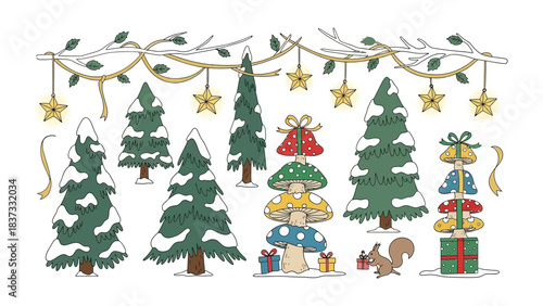 Winter Wonderland Festive Illustration: Adorned with charming forest elements. Featuring evergreen trees with snow, whimsical mushroom stacks, wrapped gifts, and twinkling star embellishments.