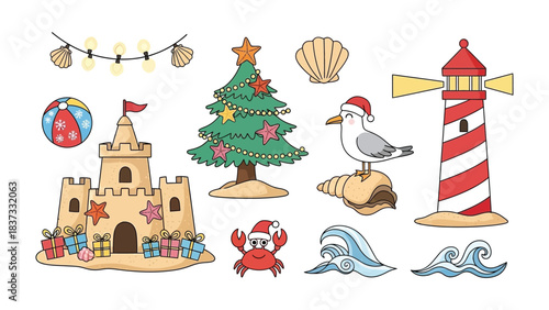 Beach Christmas Icons Collection: A joyful collection of whimsical beach-themed Christmas icons, bringing a touch of festive cheer to the seashore.