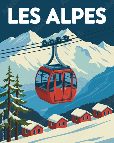 Les Alpes vintage ski travel poster art featuring snowy mountains, cable car, village chalet, pine trees, and classic tourism illustration perfect for winter holiday decor and destination advertising