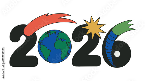 Visual Forecast: The vibrant numerical sequence 2026 comes to life with dynamic artistry. the globe, a radiant comet, and a brilliant explosion, symbolize innovation, growth.