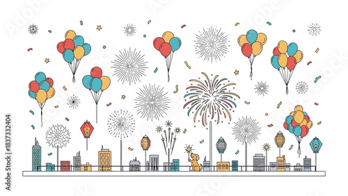 Festive Skyline Celebration: A vibrant, hand-drawn illustration captures the spirit of a celebratory skyline adorned with colorful balloons, dazzling fireworks, and festive embellishments.