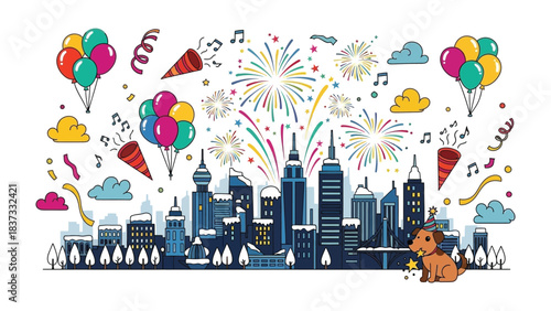 Festive City Celebration: An illustrated skyline showcases vibrant fireworks bursting above a cityscape adorned with balloons, confetti, and joyful elements. Celebrating in the air 