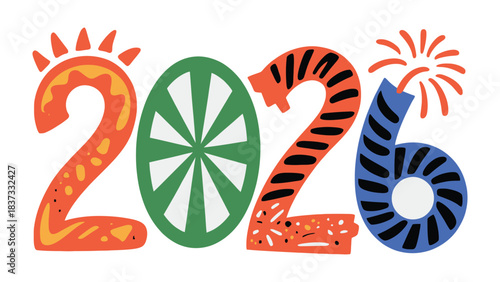 Vibrant Year 2026 Celebration: Colorful numerical digits represent the year 2026, incorporating festive elements like fireworks, sunburst, and unique designs.