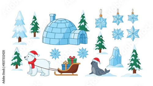 Festive Arctic Scene: Whimsical illustrations depicting winter wonderland with polar bear in santa hat and sleigh, seal, igloo, snowflake and christmas tree.