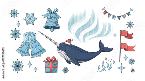 Festive Narwhal and Winter Wonderland Elements: A whimsical illustration showcases a charming narwhal adorned in a Santa hat, complemented by an assortment of winter-themed elements.