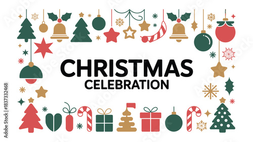 Christmas Celebration Decorations: A vibrant composition of Christmas ornaments creates a festive backdrop, perfect for evoking holiday cheer and capturing the spirit of celebration.