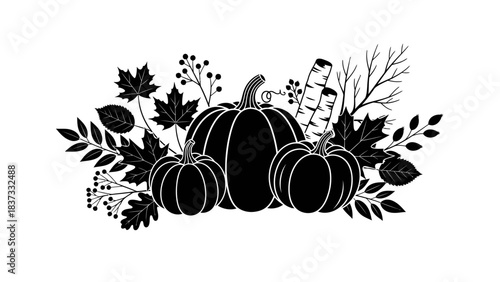 A black and white illustration of a decorative arrangement featuring pumpkins, autumn leaves, berries, and birch branches.