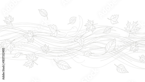 Outline illustration of autumn leaves blowing in the wind, creating a decorative border or pattern.