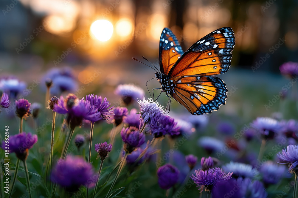 Fototapeta premium Butterfly on purple flowers at sunset