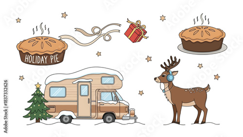 Festive Christmas elements: Delightful elements of Christmas come together in this enchanting composition, featuring a cozy RV, a steaming holiday pie.