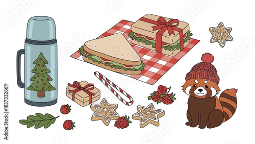Festive Picnic: A charming illustration depicts a delightful picnic scene, complete with a cozy thermos, a delectable sandwich, and a cute animal.