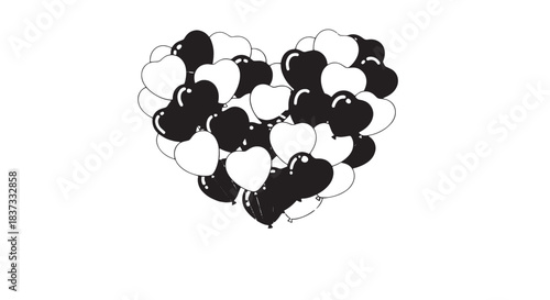 Heart shaped cluster of black and white balloons illustration.