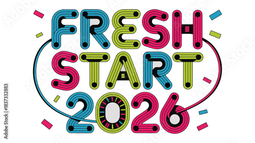 New Beginnings: A vibrant and modern graphic spells out Fresh Start 2026, a call to seize new opportunities. A clean and positive image suitable for goals or event and aspirations of the future.