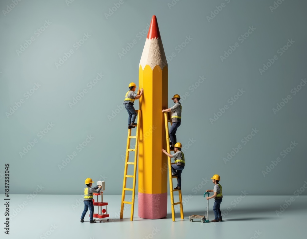 Naklejka premium Small workers climb giant yellow pencil using bright ladders. Effectively use tools to collaborate, build, create huge project. Miniature people show teamwork, great effort, vivid imagination on big