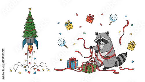 Festive Raccoon and Christmas Rocket: A charming raccoon decorates presents amid floating stars, confetti and magnifying glasses while a Christmas tree-topped rocket launches into the sky.