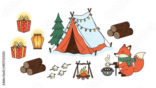 Festive Camp Scene: A charming illustration depicts a cozy campsite adorned with holiday cheer, where a friendly fox enjoys roasting marshmallows.