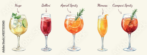 Watercolor wine and spritz cocktail set, isolated premium vector illustrations
