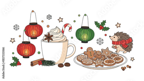 Festive Delights: An array of holiday elements, featuring lanterns, coffee, cookies, and other charming decorations create a heartwarming visual celebration.