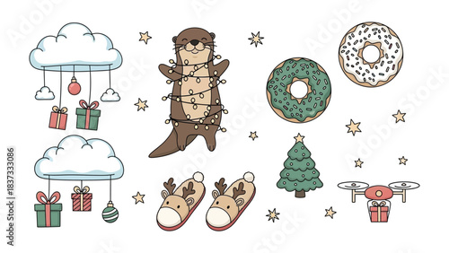 Festive Otter's Holiday Collection: An otter joyfully wrapped in holiday lights stands among playful elements of the season, from whimsical decorations to delicious donuts.