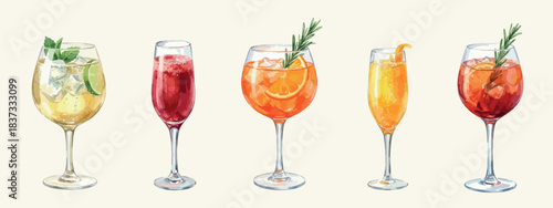 Watercolor wine and spritz cocktail set, isolated premium vector illustrations